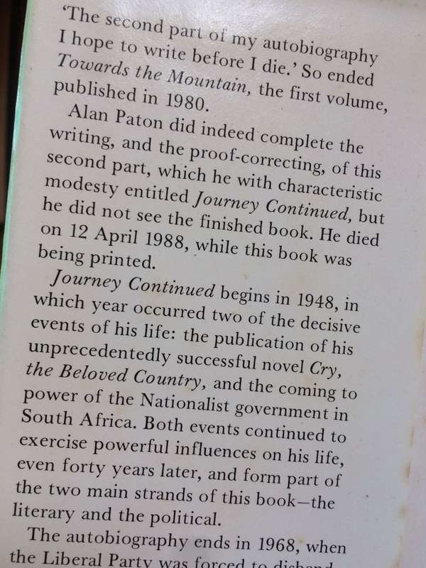 Journey Continued: An Autobiography - Alan Paton (1988 1st Edition Hardcover)