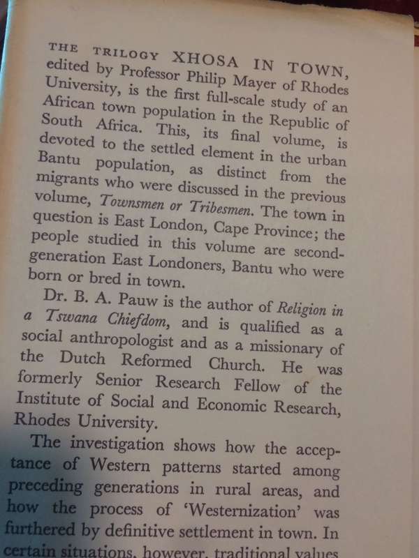 Xhosa in Town: The Second Generation - BA Pauw (1969 Hardcover)