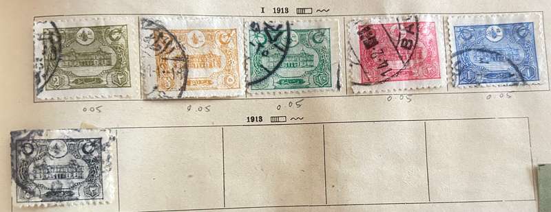 1913 Turkey, selection of 6 stamps on old album page (hinged)