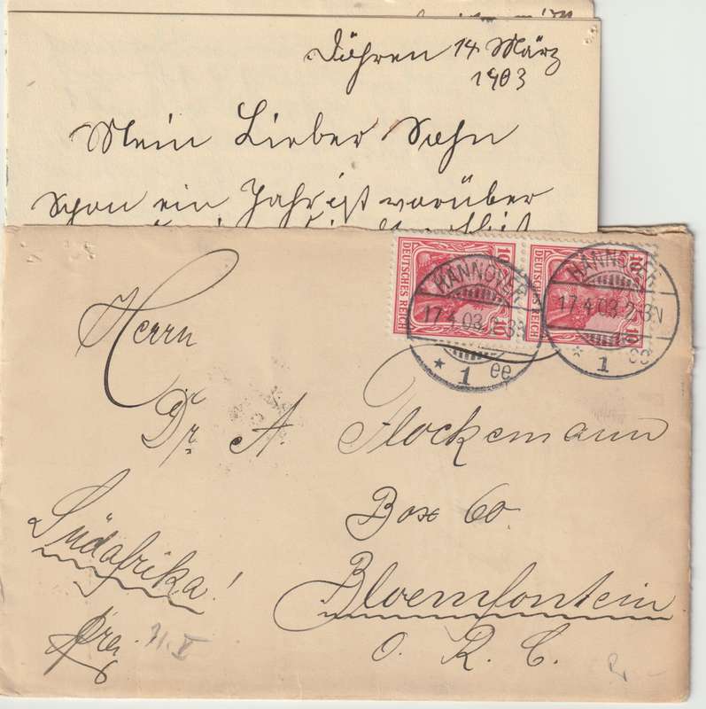 1903 Deutsche Reich cover with vertical pair 10Pf. Germania used from Hannover to Bloemfontein