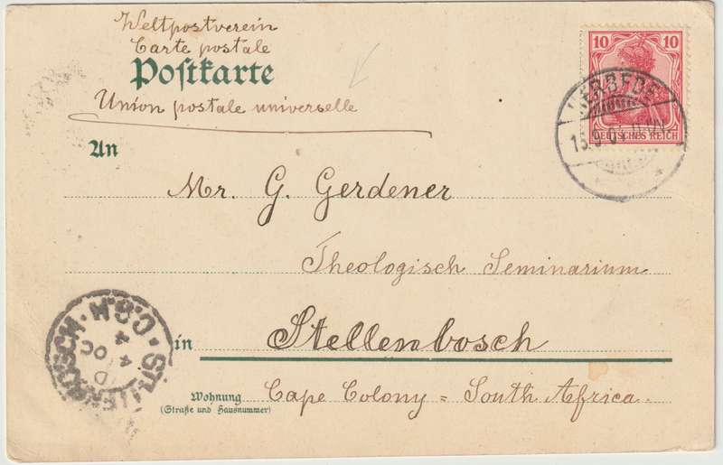 1904 Deutsche Reich Postcard used with 10Pf. Germania from Herbede to Stellenbosch