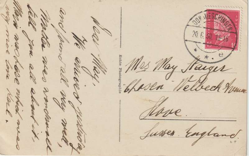 1930 German postcard from Donaueschingen to England