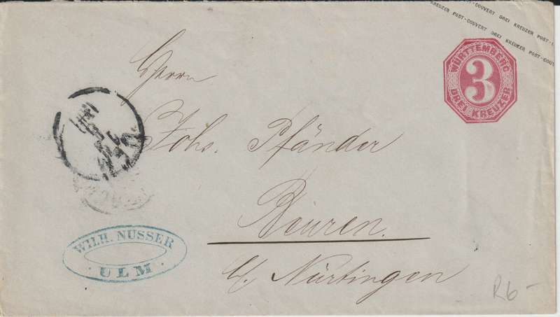 1869 Württemberg 3 Kr. red pre-printed cover used