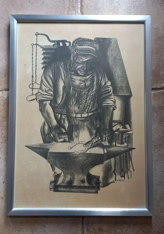 Vintage print/lithograph Charcoal Drawing of Blacksmith in aluminium frame behind glass.