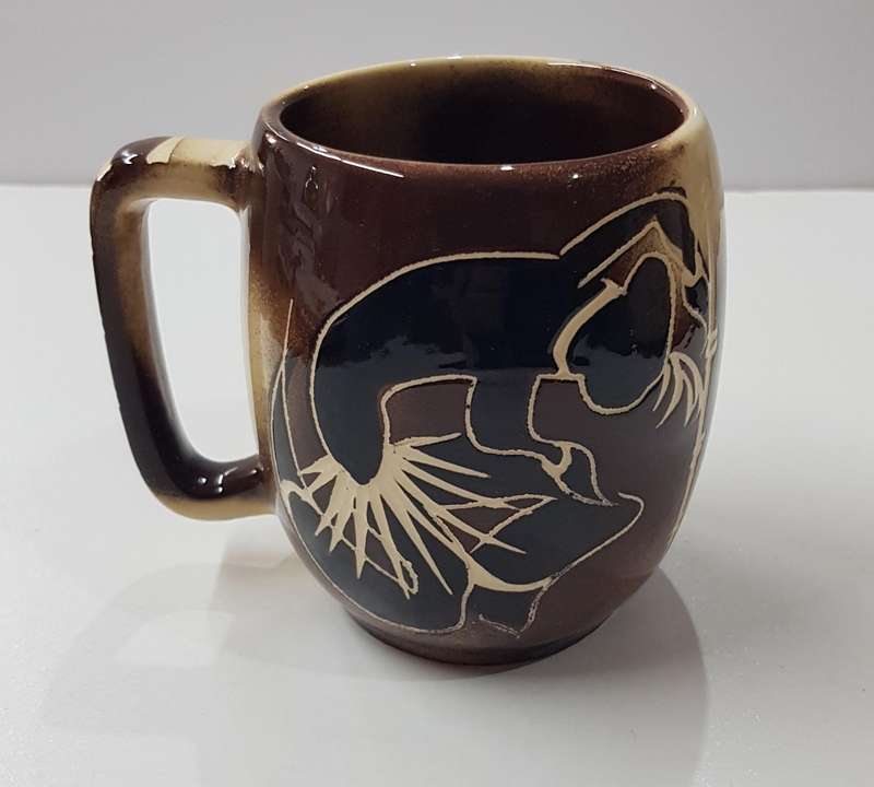 Vintage Tribal Art African studio pottery Mug. Large mug decorated with ethnic art.