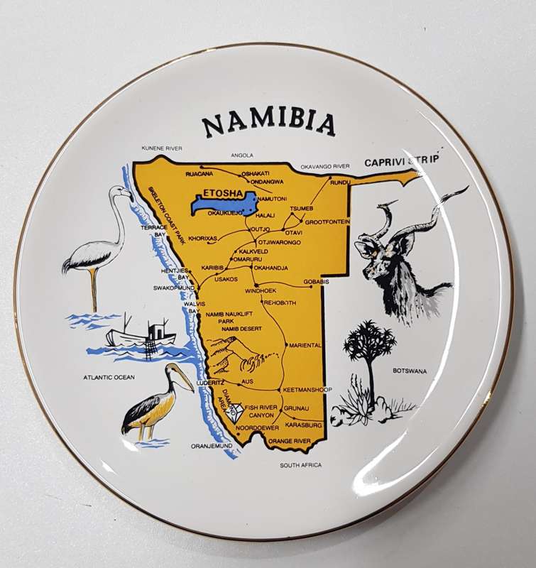 Vintage souvenir ceramic plate of Namibia by AB Ceramics. This colourful ceramic display plate