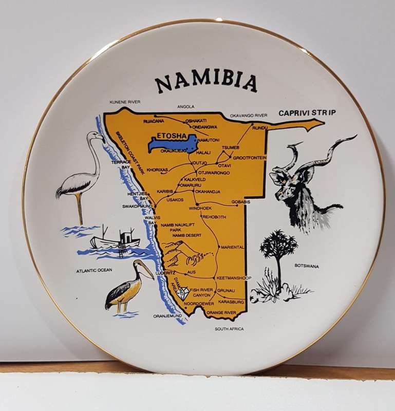 Vintage souvenir ceramic plate of Namibia by AB Ceramics. This colourful ceramic display plate