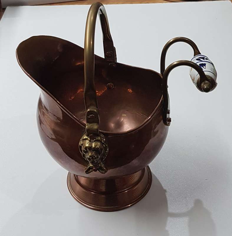 Antique Small ornamental Copper Dutch Helmet Coal Scuttle with Delft Blue Porcelain Handle