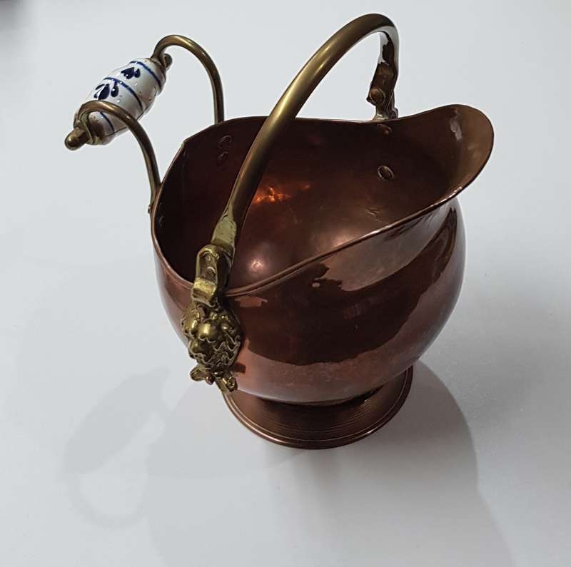 Antique Small ornamental Copper Dutch Helmet Coal Scuttle with Delft Blue Porcelain Handle