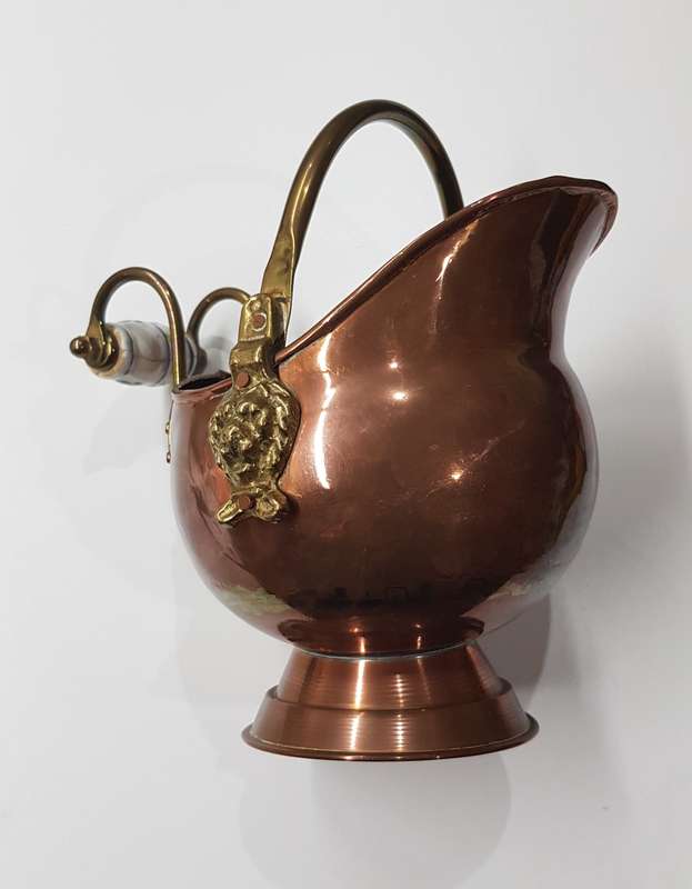 Antique Small ornamental Copper Dutch Helmet Coal Scuttle with Delft Blue Porcelain Handle