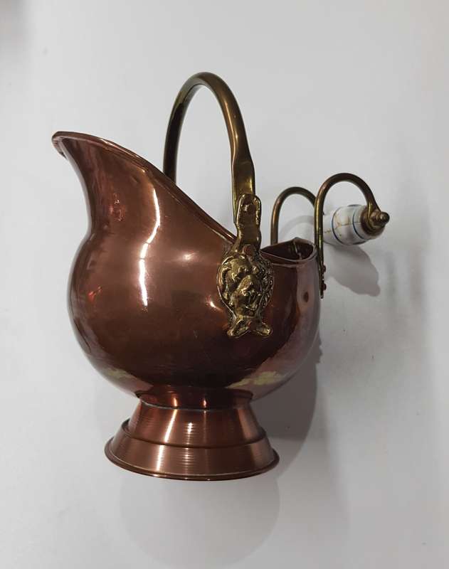 Antique Small ornamental Copper Dutch Helmet Coal Scuttle with Delft Blue Porcelain Handle