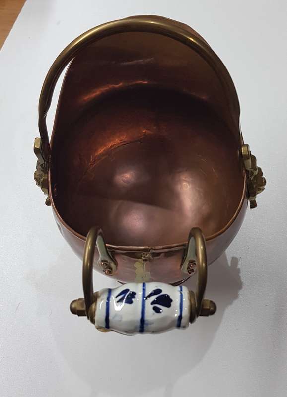 Antique Small ornamental Copper Dutch Helmet Coal Scuttle with Delft Blue Porcelain Handle