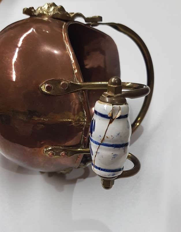 Antique Small ornamental Copper Dutch Helmet Coal Scuttle with Delft Blue Porcelain Handle