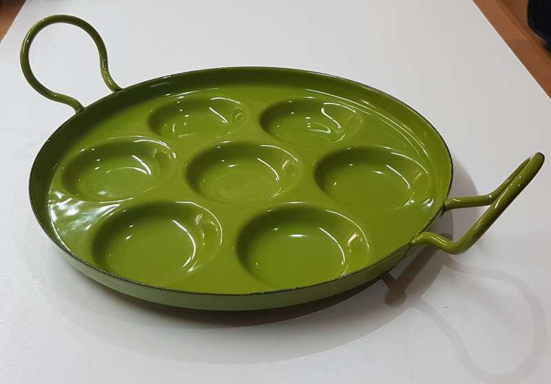 Vintage Enamel Dutch Poffertjes pancake pan.  A 1970s Bright Green Retro