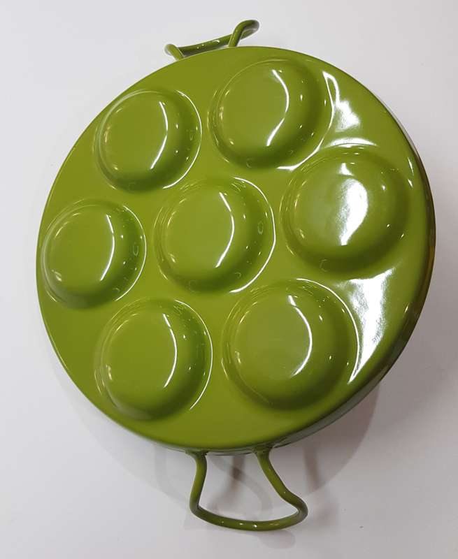 Vintage Enamel Dutch Poffertjes pancake pan.  A 1970s Bright Green Retro
