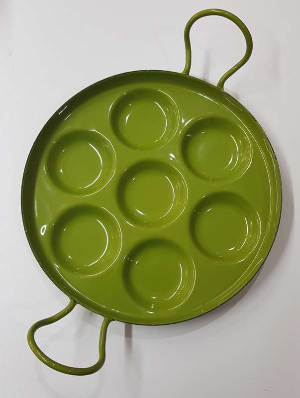 Vintage Enamel Dutch Poffertjes pancake pan.  A 1970s Bright Green Retro