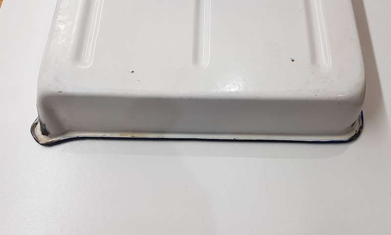 Vintage Enamel White with Blue trim Tray with lip for Photography.