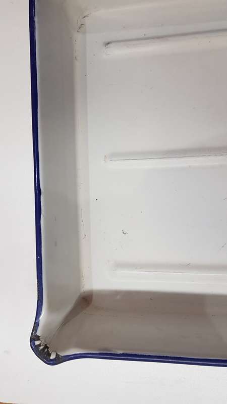 Vintage Enamel White with Blue trim Tray with lip for Photography.