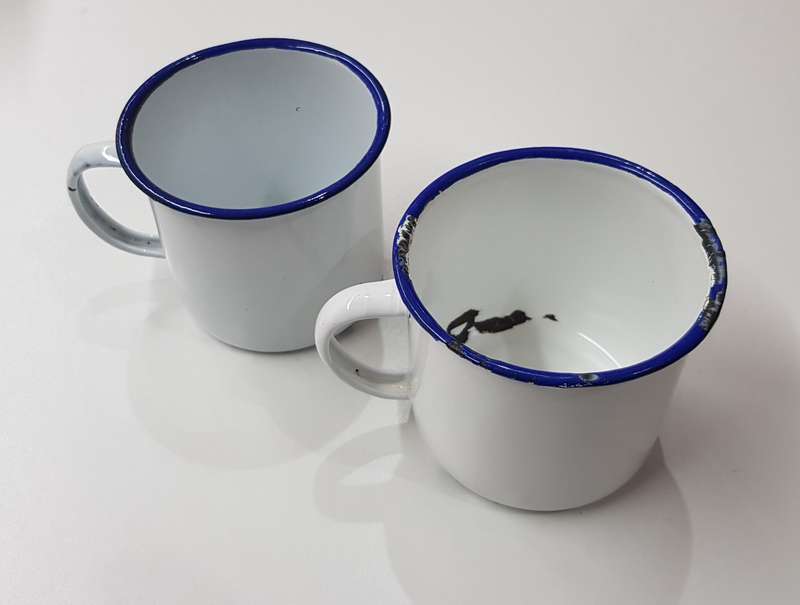 Vintage Enamel White with Blue trim mugs (2x)