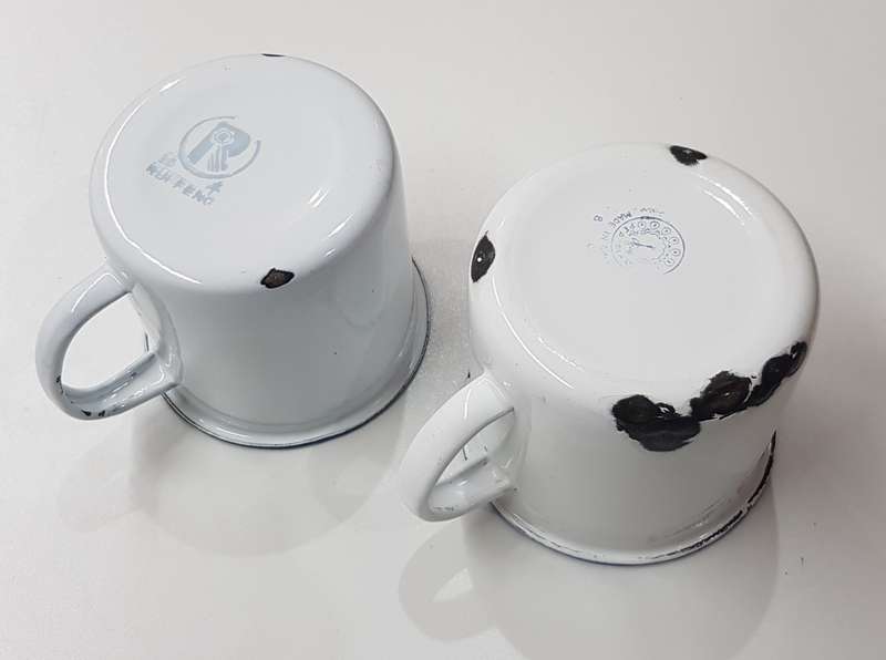 Vintage Enamel White with Blue trim mugs (2x)