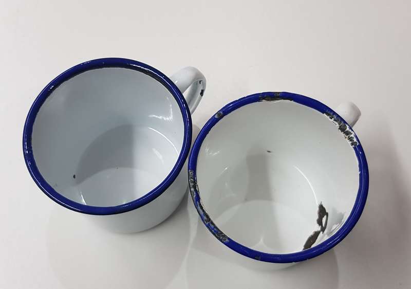 Vintage Enamel White with Blue trim mugs (2x)
