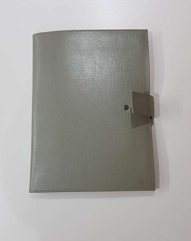 Vintage 1970s Grey Busby Leather split folder with loop for pen and closing flap. Marked Busby Genu