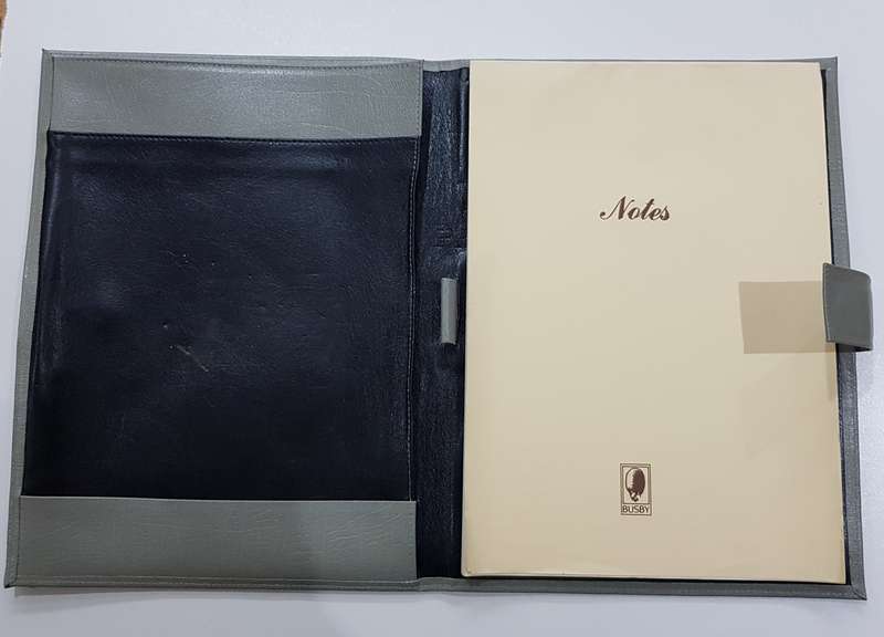 Vintage 1970s Grey Busby Leather split folder with loop for pen and closing flap. Marked Busby Genu