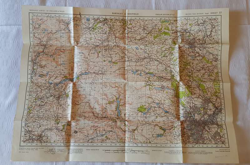 Vintage Ordnance survey map for England and Wales. 1942 Barnsley & Sheffield.