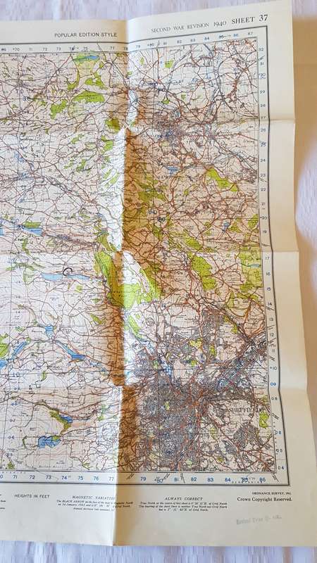 Vintage Ordnance survey map for England and Wales. 1942 Barnsley & Sheffield.