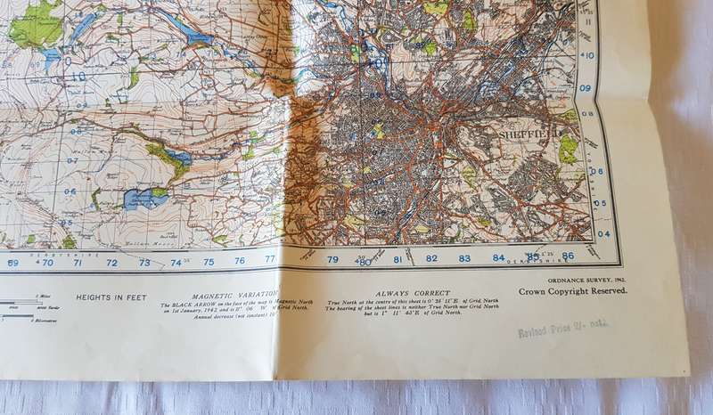 Vintage Ordnance survey map for England and Wales. 1942 Barnsley & Sheffield.