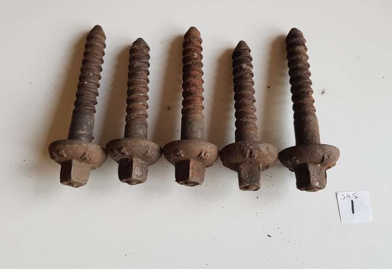 Vintage Railway Sleeper Bolts  Set of x 5 1975 SAS A & B Sleeper bolts. Marked SAS
