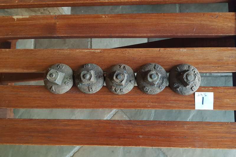 Vintage Railway Sleeper Bolts  Set of x 5 1975 SAS A & B Sleeper bolts. Marked SAS