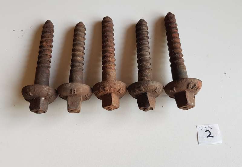 Vintage Railway Sleeper Bolts  Set of x 5 1975 SAS A & B Sleeper bolts. Marked SAS