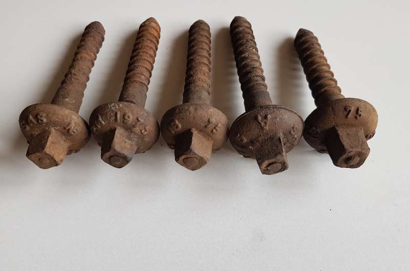 Vintage Railway Sleeper Bolts  Mixed Set of x 5 1975 SAR/SAS A & B Sleeper bolts. 2x are marked SAR