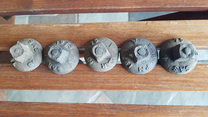 Vintage Railway Sleeper Bolts  Mixed Set of x 5 1975 SAR/SAS A & B Sleeper bolts. 2x are marked SAR