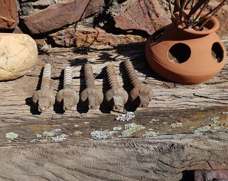 Vintage Railway Sleeper Bolts  Set of x 5 1975 SAS A & B Sleeper bolts. Marked SAS