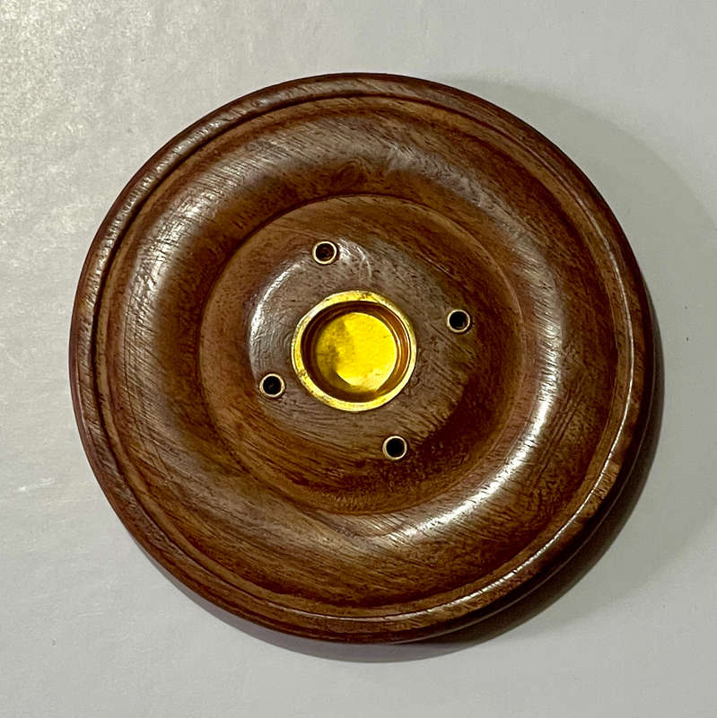 Round Wood and Brass Incense Tray