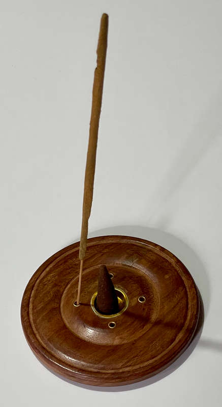 Round Wood and Brass Incense Tray