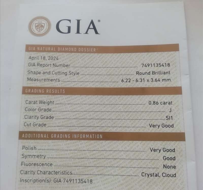 BRILLIANT NATURAL LOOSE DIAMOND         .86 carat                                  GIA Certified