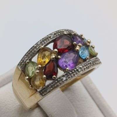 9kt Gold Ring with Spinel, Topaz, Tourmaline, Citrine. 10 stones plus 10 small diamonds