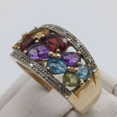 9kt Gold Ring with Spinel, Topaz, Tourmaline, Citrine. 10 stones plus 10 small diamonds