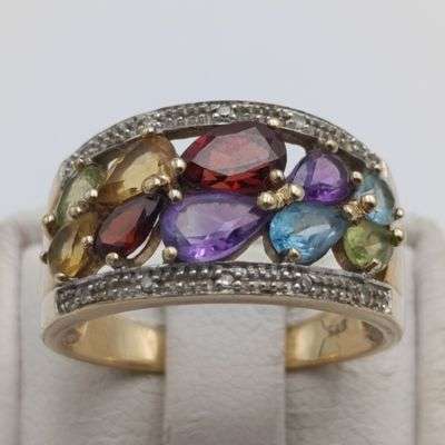 9kt Gold Ring with Spinel, Topaz, Tourmaline, Citrine. 10 stones plus 10 small diamonds
