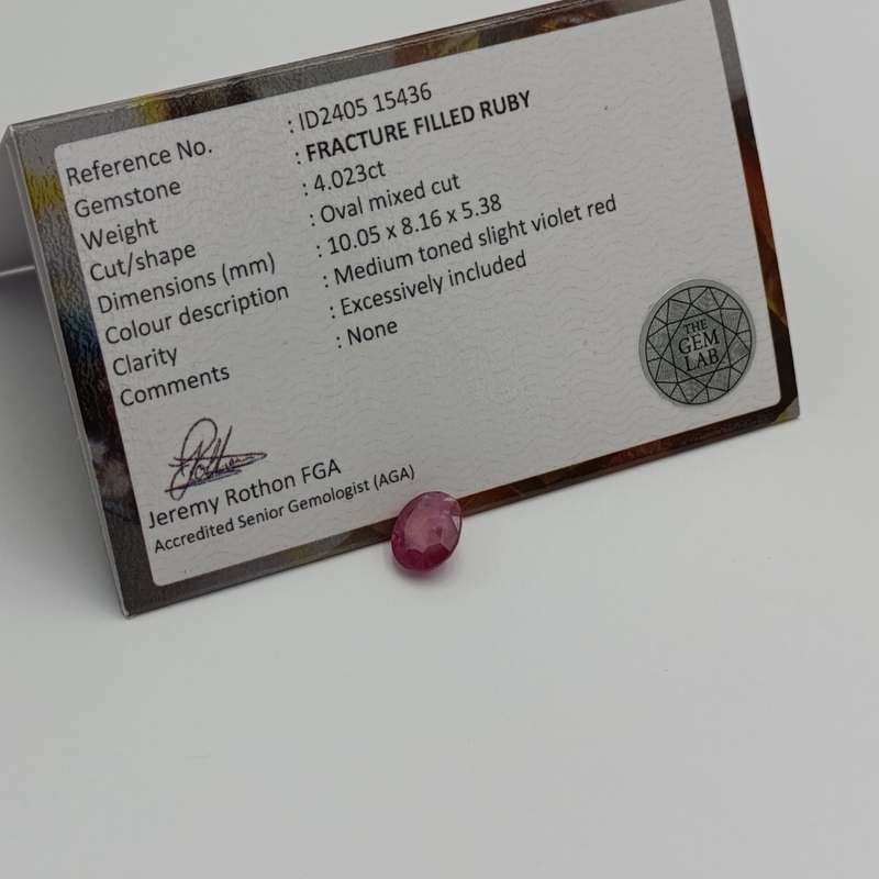 Fracture filled Ruby slight violet red Oval mixed cut 4.02 carat with Gemlab certificate