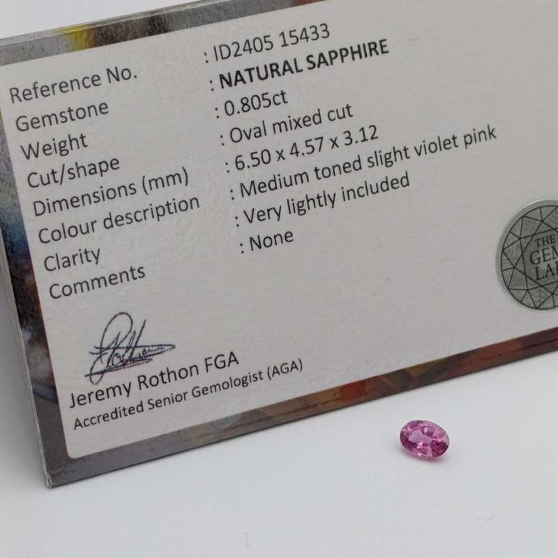 Natural slight violet pink sapphire oval mixed cut 0.81 carat with Gemlab certificate