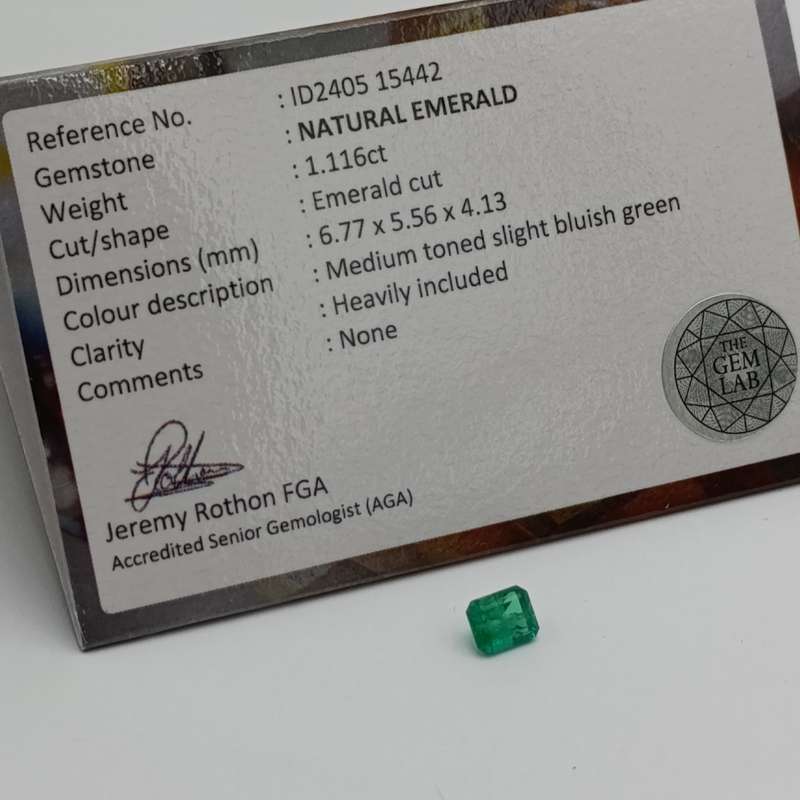 Natural Emerald of 1.12 carat Emerald cut slight blueish green with Gemlab certificate
