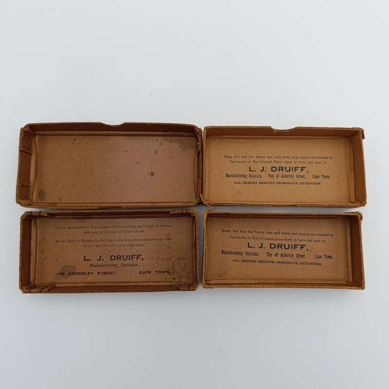 Pair of LJ Druiff Cape Town optician delivery boxes - vintage