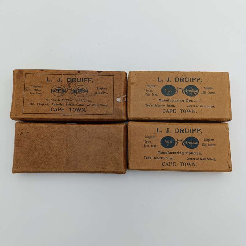 Pair of LJ Druiff Cape Town optician delivery boxes - vintage