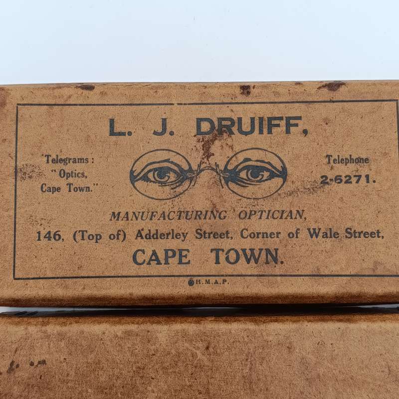 Pair of LJ Druiff Cape Town optician delivery boxes - vintage
