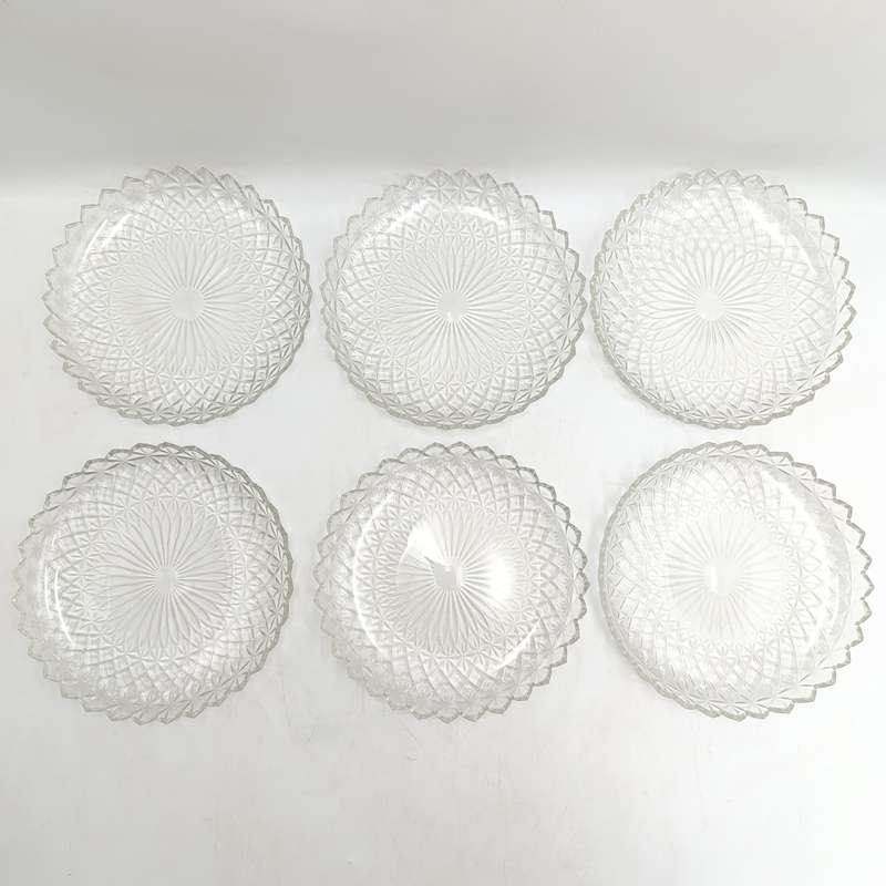Lot of 6 vintage crystal glass snack plates - some small chips on rim