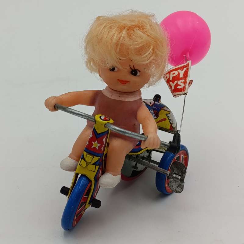 Vintage Tinplate Mechanical Girls tricycle toy in box - working